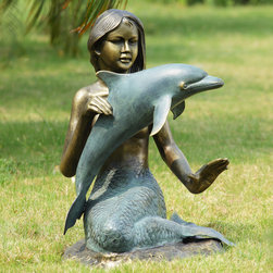 Mermaid & Dolphin Garden Sculpture with Bluetooth Speakers - Garden Statues And Yard Art