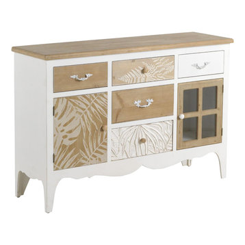 White and Natural Spruce Wood 2-Door Sideboard, 5 Drawers