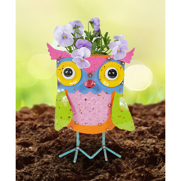 Metal Owl Garden Planter with Pink Body Outdoor Yard Art Patio Decoration