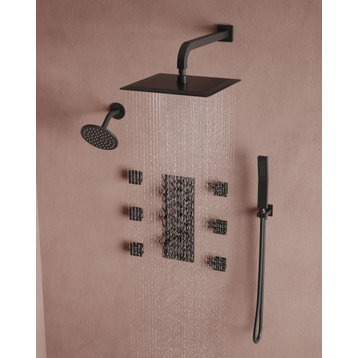 Dual Heads 12" High-Pressure Rainfall Shower System with Rough-in Valve, Matte Black