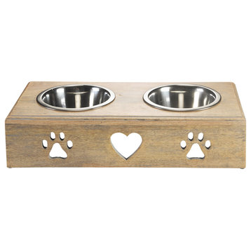 Handmade Mango Wood Elevated Double Pet Feeder with Paw and Heart Cutouts