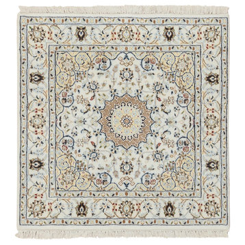 Ivory 250 KPSI Nain Medallion Design Wool and Silk Hand Knotted Rug, 3'0"x3'1"