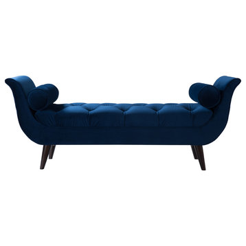 Flared Tufted Entryway Bench, Navy Blue Velvet With Bolster Pillows