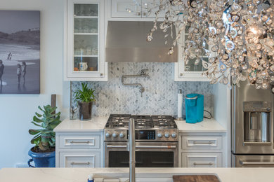 ミネアポリスにあるトランジショナルスタイルのおしゃれなキッチン (フラットパネル扉のキャビネット、白いキャビネット、クオーツストーンカウンター、白いキッチンパネル、シルバーの調理設備、無垢フローリング、白いキッチンカウンター) の写真