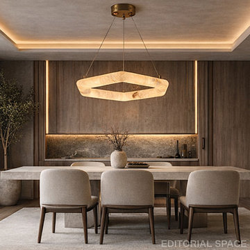 Alabaster Ring Chandelier – Transitional Dining Room with Arched Doorway