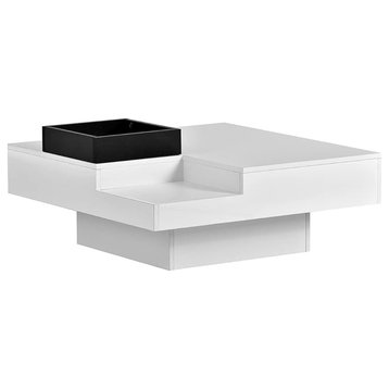 Modern Coffee Table, Square Design With Removable Tray & LED Lighting, White