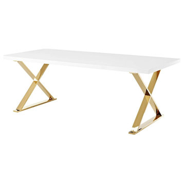 Contemporary Dining Table, X Shaped Legs With Rectangular Top, White/Gold