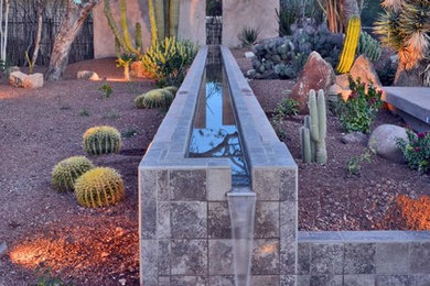 Mediterranean full sun garden in Phoenix with a water feature.