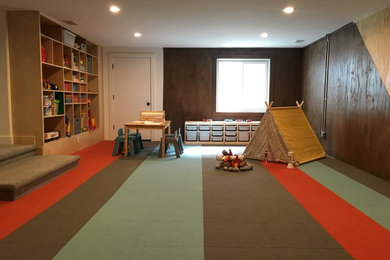 Basement - large contemporary carpeted basement idea in Detroit with brown walls