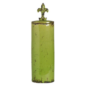 Short Decorative Ceramic Jar With Fleurdelis Finial Green