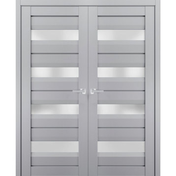 Interior French Double Doors 64 x 96, Veregio 7455 Grey & Frosted Glass