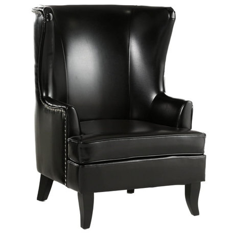 Black Leather High Back Wing Chair, Traditional Armchair with Upholstered Seat