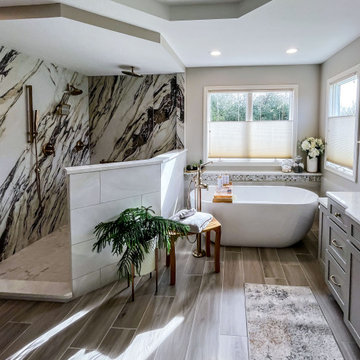 Master Bath with Refaced Vanity and Full Height Porcelain Tile Shower Walls