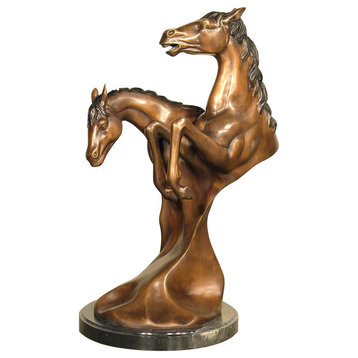 Bust Of Horses Bronze Sculpture With Marble Base