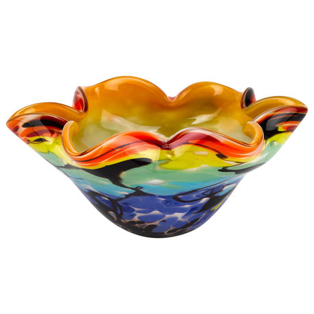 9" Rainbow Multi Art Glass Wavy Centerpiece Bowl