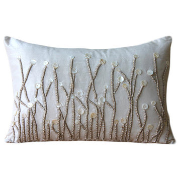 Jute And Mother Of Pearls 12"x18" Art Silk Ivory Lumbar Pillow Cover, Amour