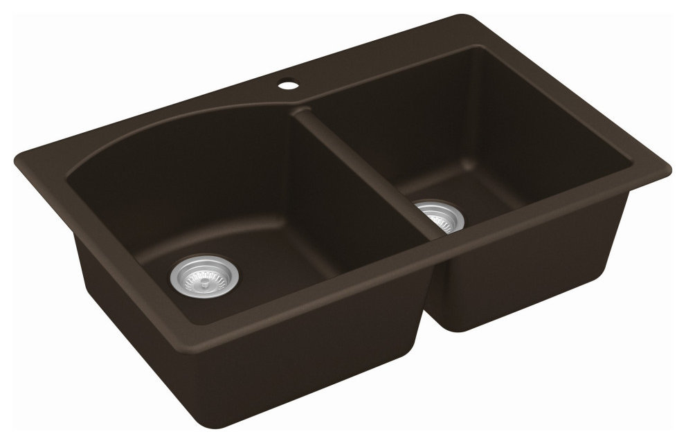 Karran Drop-In Quartz 33" 1-Hole 60/40 Double Bowl Kitchen Sink, Brown
