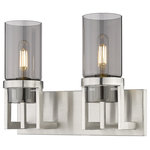Innovations Lighting - Utopia 2 Light 8" Bath Vanity Light, Satin Nickel, Plated Smoke Glass - Modern and geometric design elements give the Utopia Collection a striking presence. This gorgeous fixture features a sharply squared off frame, softened by a round glass holder that secures a cylindrical glass shade.