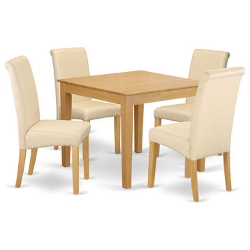 5Pc Square Table With Linen Beige Fabric Kitchen Chairs With Oak Chair Legs
