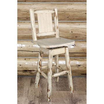 Montana Woodworks 24" Wood Swivel Barstool with Back and Wolf Design in Natural