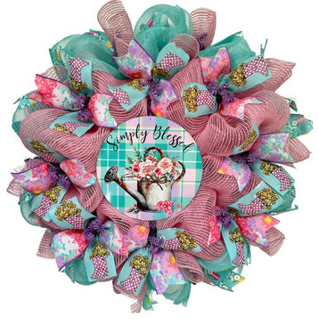 Simply Blessed Spring Wreath With Watering Can Robin Egg Blue and Pink