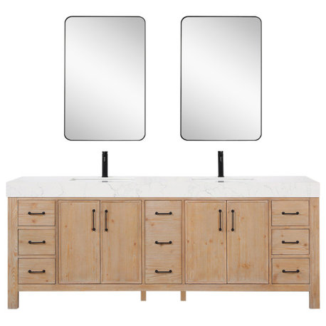 Leon Bath Vanity with Composite Stone Top, Fir Wood Brown, 84", With Mirror