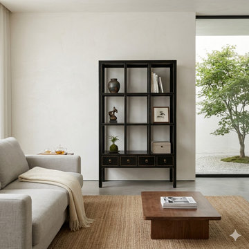 Chinese Handmade Black Wood Tall Display Shelf with Multiple Square Boxes and Dr