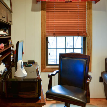 Home Office with plaid boxpleat valances and Hunter Douglas Parkland Wood Blinds