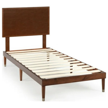 Midcentury Platform Bed, Acacia Wood Frame & Adjustable Panel Headboard, Twin