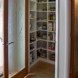 Mid-sized contemporary kitchen pantry designs - Example of a mid-sized trendy u-shaped kitchen pantry design in Detroit with an undermount sink, flat-panel cabinets, medium tone wood cabinets, granite countertops, multicolored backsplash, ceramic backsplash, stainless steel appliances and an island