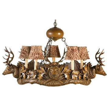 Chandelier Lodge 5 Small Stag Head Deer 5-Light Feather Pattern