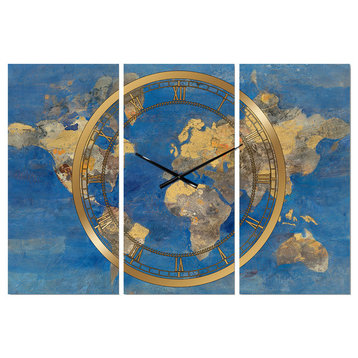 Golden Glam World Map Glam 3 Panels Metal Clock