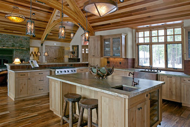 Eat-in kitchen - large rustic u-shaped dark wood floor eat-in kitchen idea in Other with a drop-in sink, beaded inset cabinets, light wood cabinets, granite countertops, red backsplash, cement tile backsplash, stainless steel appliances and an island