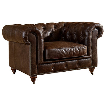 Leather Chesterfield Arm Chair, Dark Brown