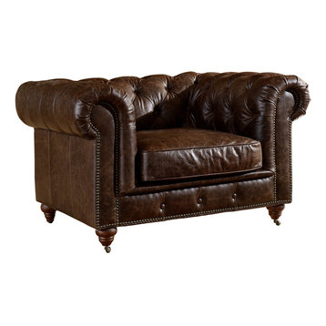 Leather Chesterfield Arm Chair, Dark Brown