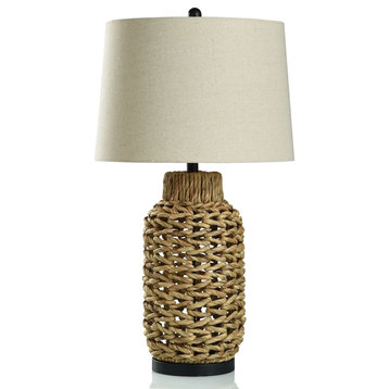 Natural Braided Hyacinth Table Lamp With Dark Bronze Base Off-White Shade