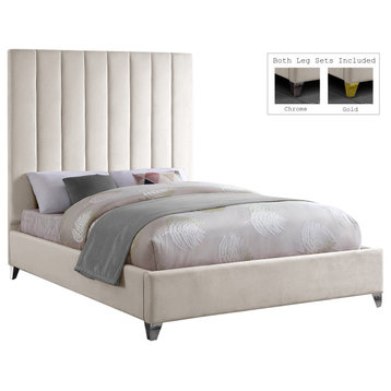 Via Velvet Upholstered Bed, Cream, Full