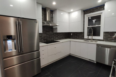 Kitchen - modern porcelain tile and black floor kitchen idea in Toronto with shaker cabinets, white cabinets and quartz countertops