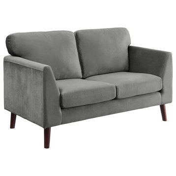 Modern Loveseat, Tapered Legs & Gray Velvet Seat With Unique Wedge Shaped Arms