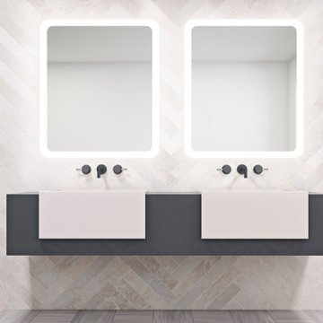 Double Vanity with Rounded Rectangle Lighted Mirrors
