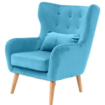 Unique Accent Chair, Padded Faux Velvet Seat With Button Tufted Wingback, Teal