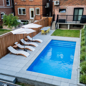 Narrow-Lot Backyard Pool with Paver Deck, Cedar Privacy Fence & Layered Planting