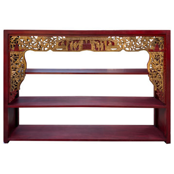 Chinese Red Golden Carving Rectangular Curio Display Stand Side Table Hcs7654
