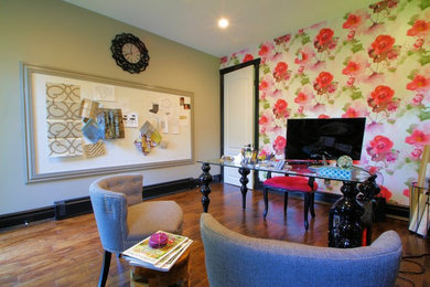 Home office - transitional dark wood floor home office idea in New York with beige walls