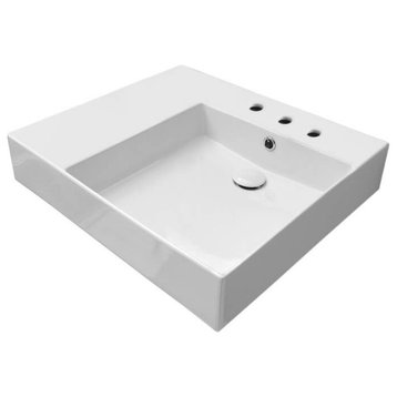 Rectangular Ceramic Wall Mounted or Vessel Sink With Counter Space, Three Hole