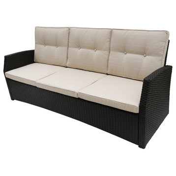 GDF Studio Amigo Outdoor 3-Seater Wicker Sofa With Beige Cushions, Dark Brown/Be