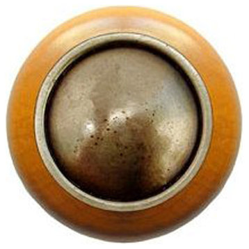 Plain Dome Wood Knob, Antique Brass, Maple Wood Finish, Antique Brass