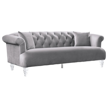 Elegance Contemporary Sofa, Gray Velvet With Acrylic Legs