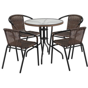 28'' Round Glass Metal Table and 4 Dark Brown Rattan Stack Chairs