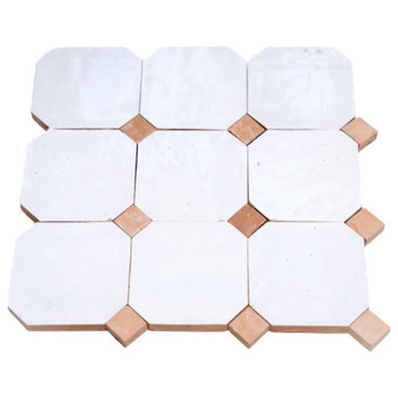 Contemporary Zellige Tile, White With Terracotta, 8-Panels 12x12"